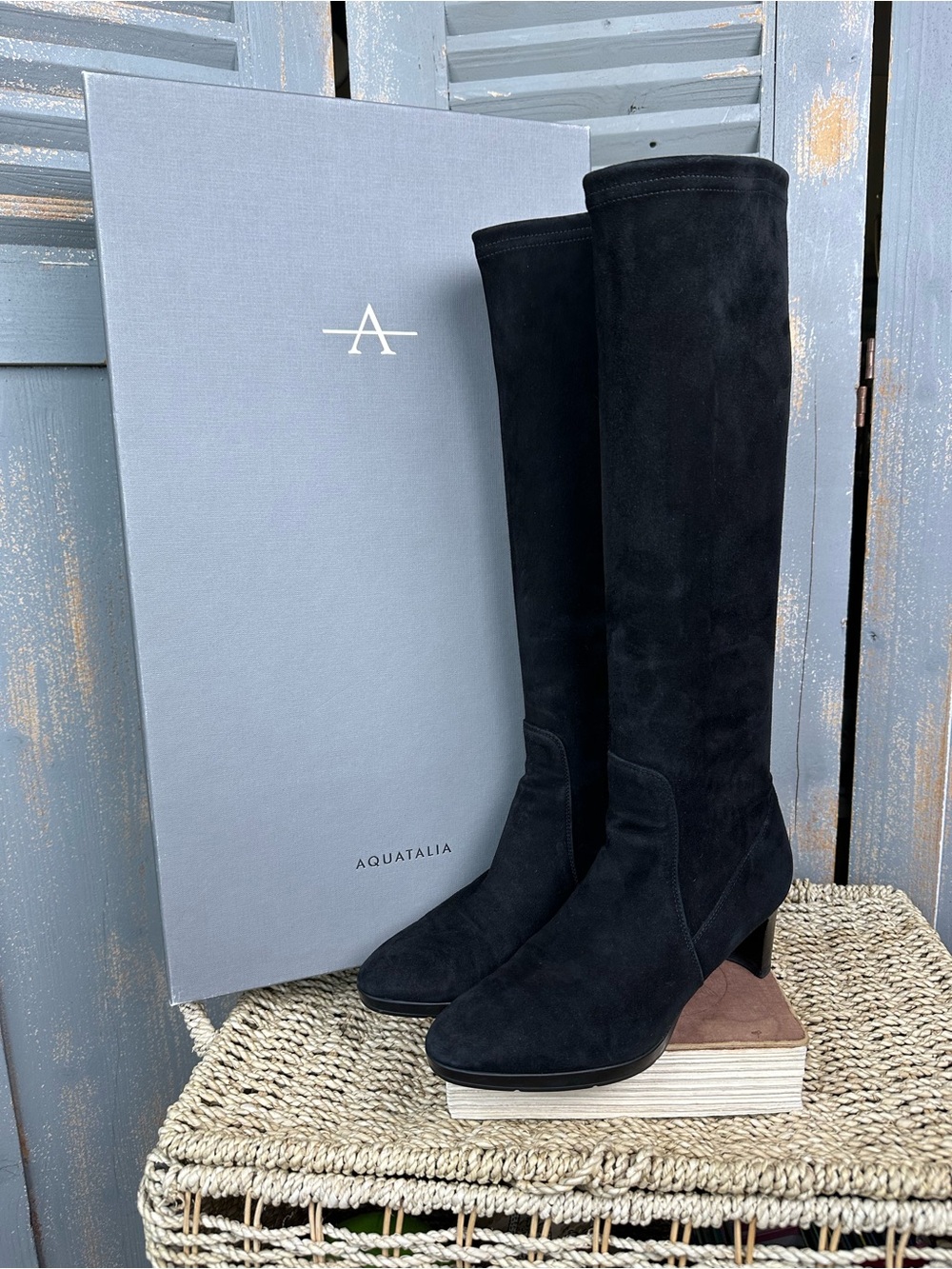 Aquatalia Dahlia Stretch Suede Knee-High Boots Black Sz 8.5
